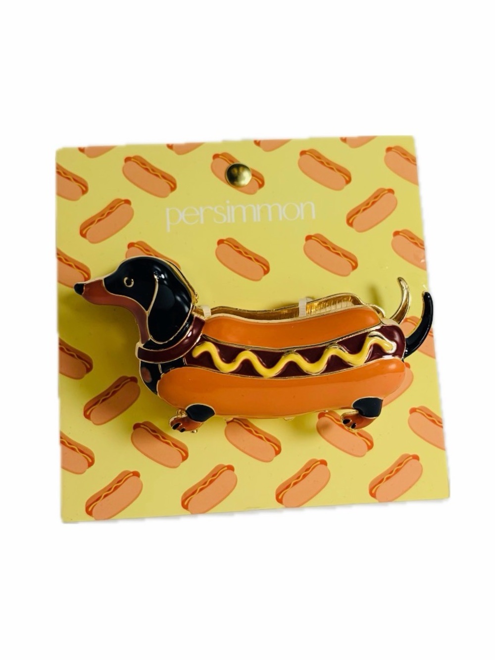 NWT ⚜️🌭⚜️ Persimmon Dachshund in Hot Dog Costume enamel Claw Hair Clip